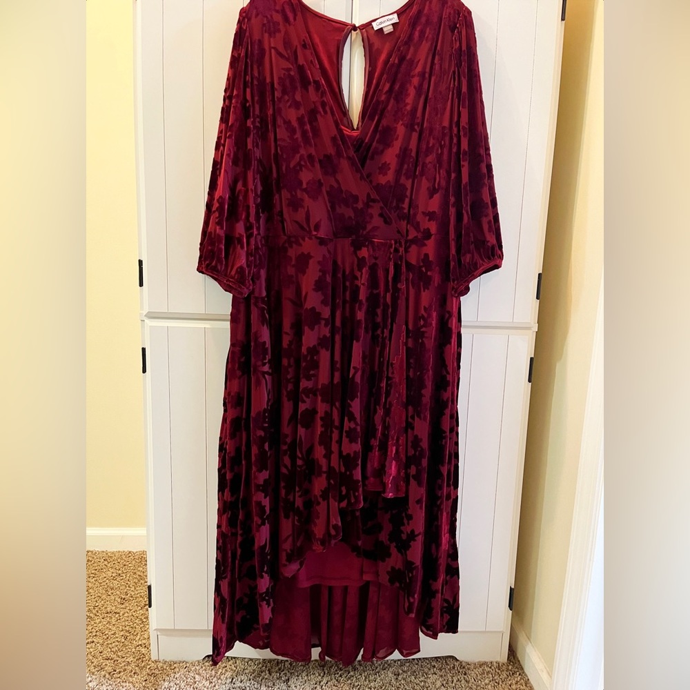 Calvin Klein Plus Size Burnout Velvet Faux-Wrap Dress in Rosewood holiday party